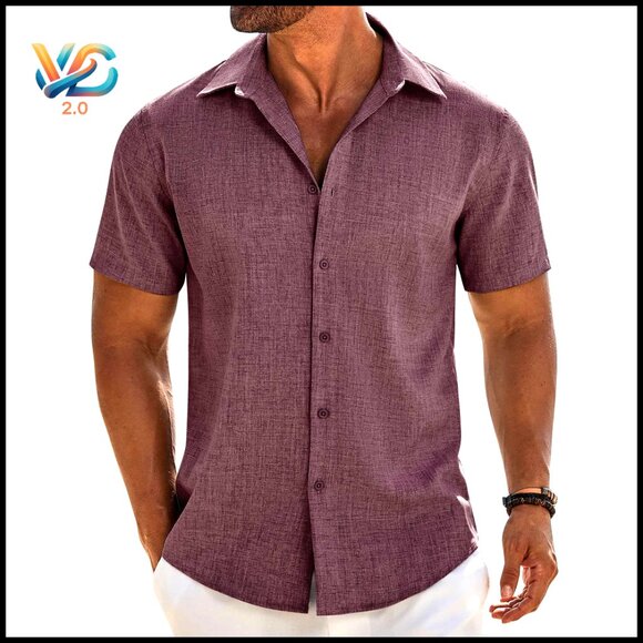Men's Linen Blend Short Sleeve Button Down Shirt Regular Fit Casual